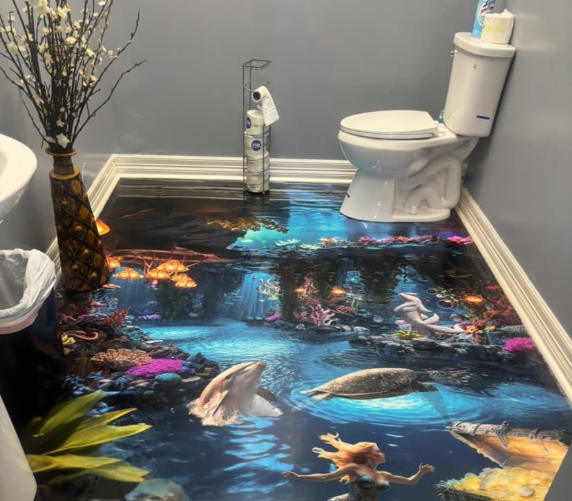Commercial Blue-Toned Expoxy Restroom Floor With Designs Completed