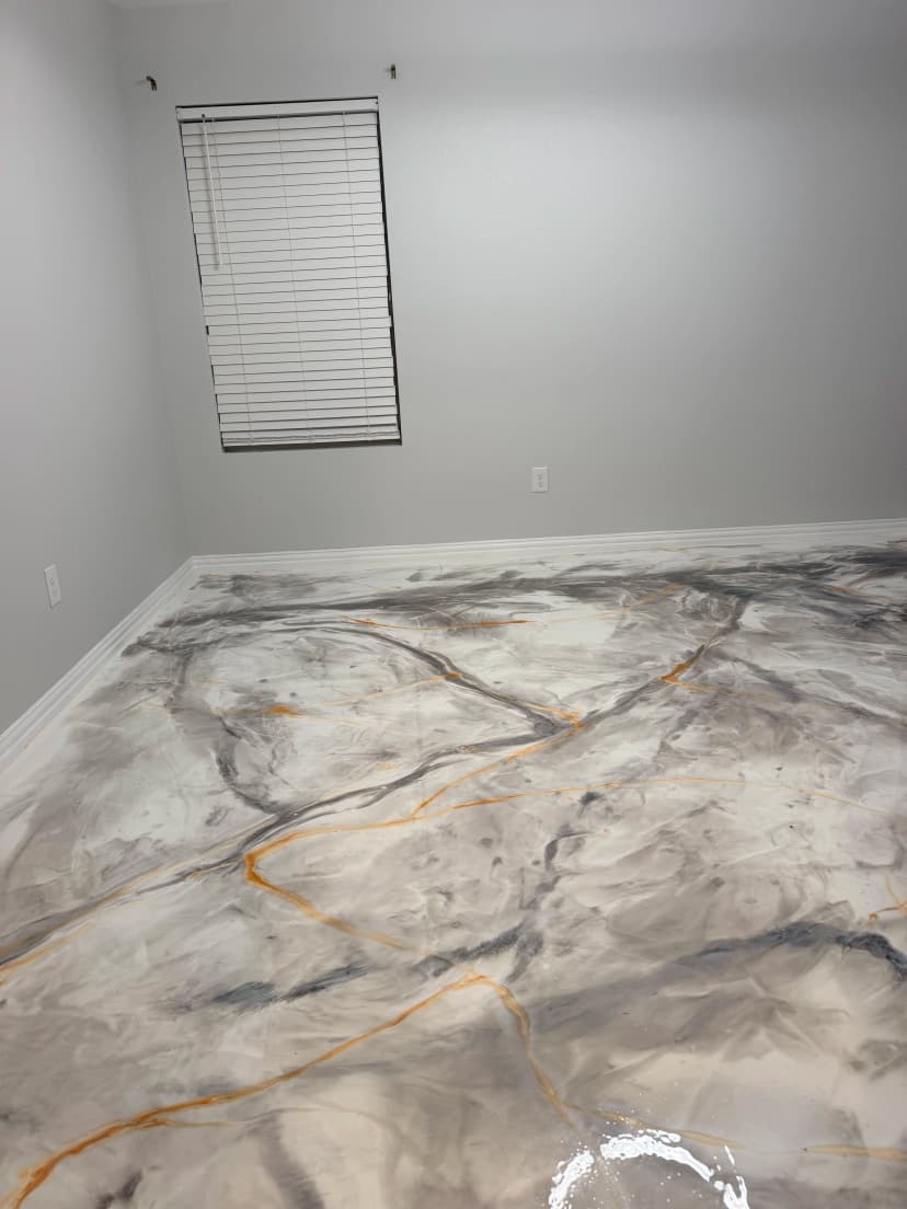 Residential Bedroom Gray and White Marbled Metallic Epoxy Floor Wide Angle